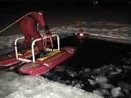 Entering the
                  water from behind the victim to prevent his ice shelf
                  from breaking.